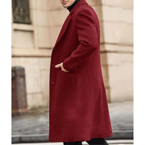 ✨Men Red Casual Trench Coat Slim Fit Notched Collar Long Jacket Pea Overcoat - Picture 6 of 6